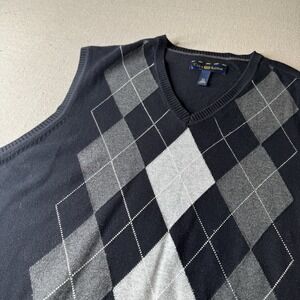 VTG Club Room Knit Sweater Vest Men's XL Black/Gray Cotton V-Neck Argyle Preppy